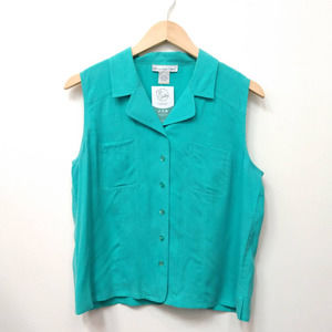 Silk Button Down Sleeveless Shirt Blouse Vintage 90'sTeal Large